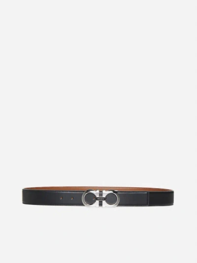 Ferragamo Gancini Leather Reversible Belt In Black,vicuna