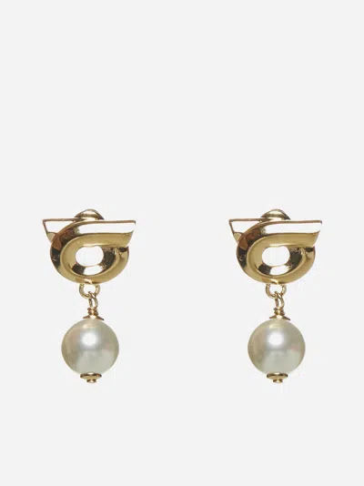 Ferragamo Gancini Pearl Earrings In Gold,pearl