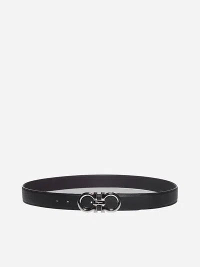 Ferragamo <br/>reversible "gancini" Belt In Black,dark Brown