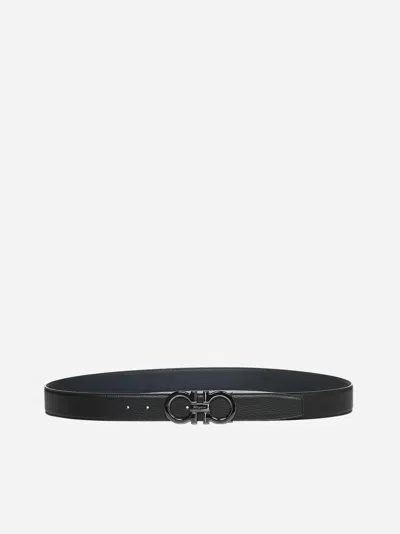Ferragamo Gancini Reversible Leather Belt In Black,navy