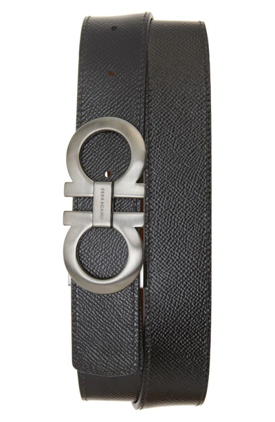 Ferragamo Gancini Reversible Leather Belt In Radica Nero