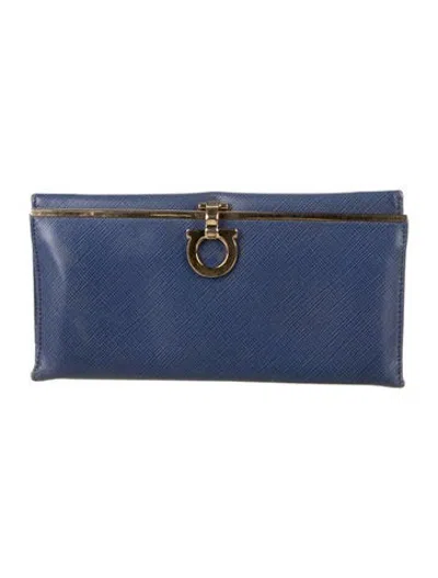 Pre-owned Ferragamo Leather Continental Wallet In Blue
