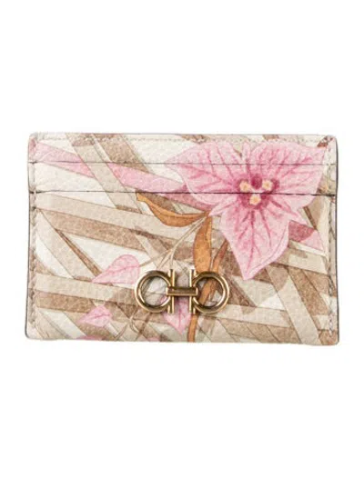 Pre-owned Ferragamo Leather Floral Print Card Holder In Neutrals
