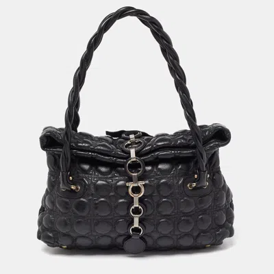 Ferragamo Leather Fold Over Shoulder Bag In Black