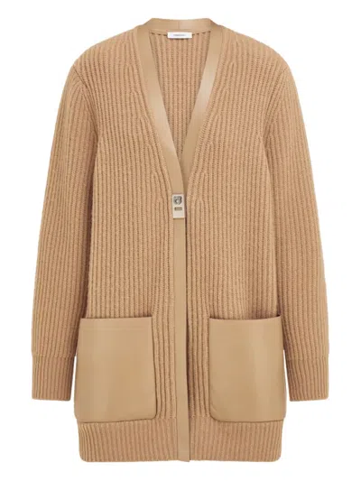 Ferragamo Longline Cardigan With Leather Trims In Brown