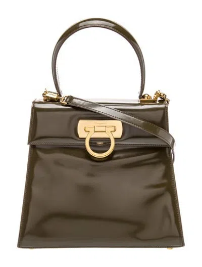 Pre-owned Ferragamo Patent Leather Top Handle Bag In Green