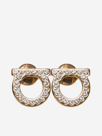 Ferragamo Rhinestones Gancini Earrings In Gold