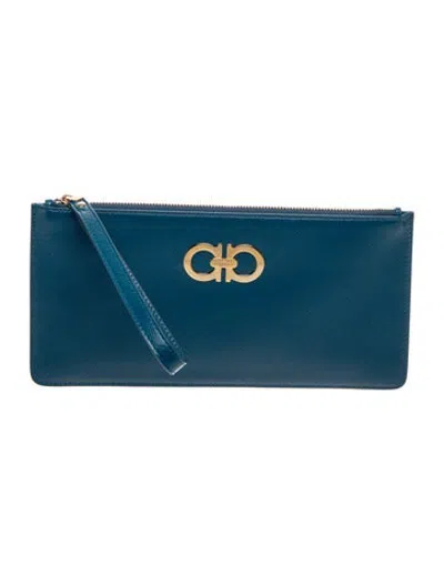 Pre-owned Ferragamo Saffiano Leather Clutch In Blue