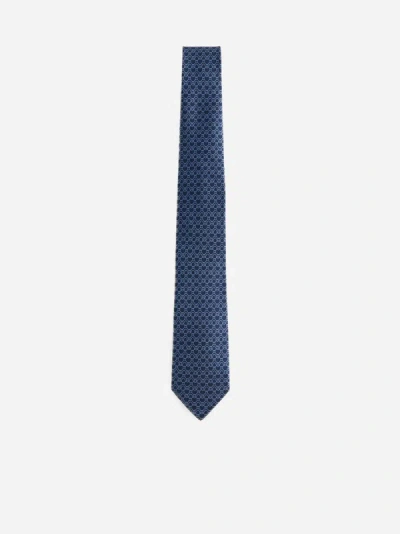 Ferragamo Traccia Silk Tie In Navy,light Blue