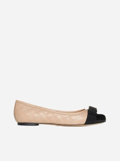 Ferragamo Vara Quilted Nappa Leather Ballet Flats In Black,new Bisque