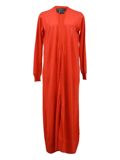 Pre-owned Ferragamo V-neck Long Cardigan In Orange