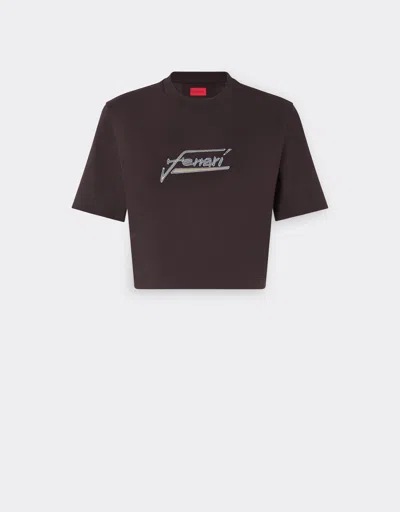Ferrari Crop-top T-shirt In Cotton With Embroidered Logo In Brown