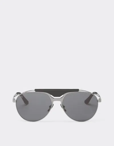 Ferrari Sunglasses In Gunmetal Grey Metal And Leather With Blue Lenses In Ingrid