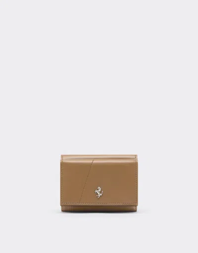 Ferrari Leather Trifold Wallet With Diagonal Stitching In Brown