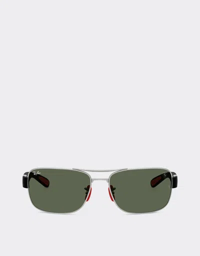 Ferrari Ray-ban For Scuderia  Rb3763m In Silver-tone Metal And Black Plastic With Dark Green