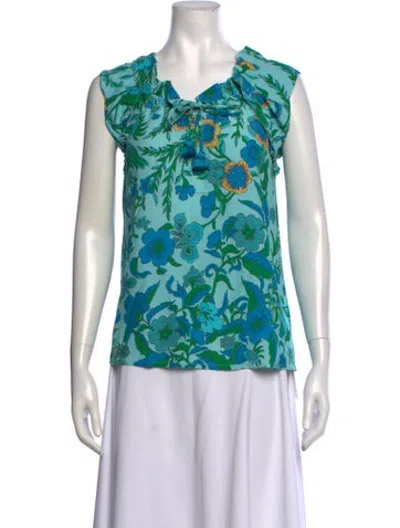 Pre-owned Figue Floral Print Tie Neck Top In Blue/green