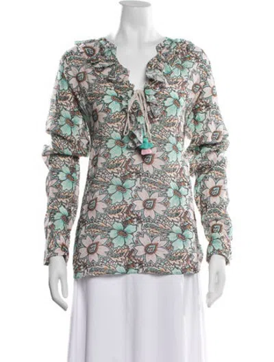 Pre-owned Figue Floral Print Tie Neck Top In Green/neutrals
