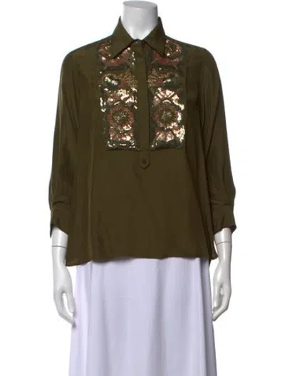Pre-owned Figue Silk Graphic Print Button-up Top In Green