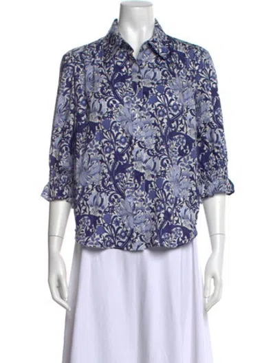 Pre-owned Finley Floral Print Three-quarter Sleeve Button-up Top In Blue