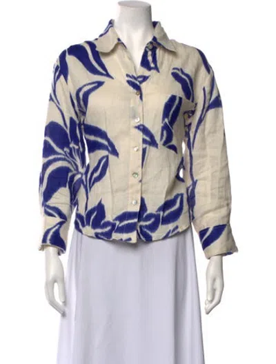 Pre-owned Finley Linen Floral Print Button-up Top W/ Tags In Neutrals