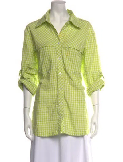 Pre-owned Finley Plaid Print Long Sleeve Button-up Top In Green