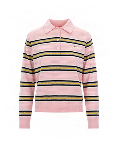 Fiorucci Striped Long Sleeve Knit Polo Sweater In Pink