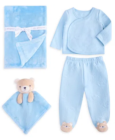 First Impressions Kids' Baby Boys' Bear Long-sleeve Top, Pants, Blanket And Security Blanket, 4-piece Set, Macy's Exclusive In Blue