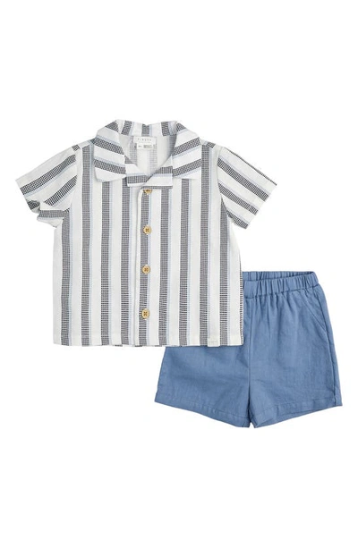 Firsts By Petit Lem Babies' Blueberry Dot Stripe Button-up Shirt & Shorts Set In Navy