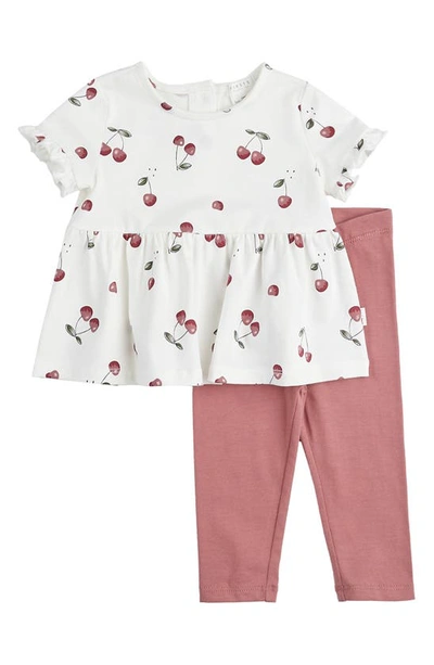 Firsts By Petit Lem Babies' Cherry Print Organic Cotton Top & Leggings Set In White/ Pink
