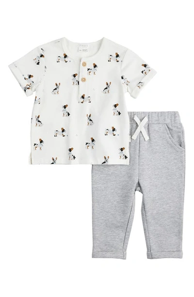 Firsts By Petit Lem Babies' French Bulldog Print Organic Cotton Henley & Pants Set In Off White