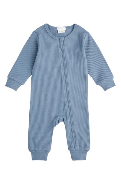 Firsts By Petit Lem Babies'  Organic Cotton & Modal Rib Fitted Pyjama Romper In Blue Denim