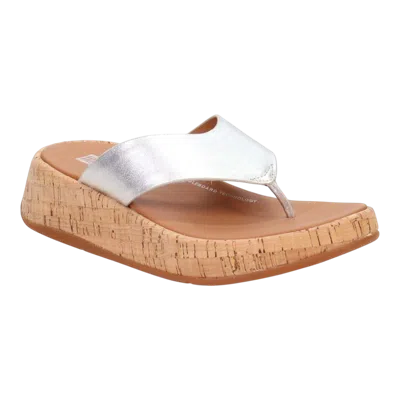 Fitflop F Mode Cork Flatform Toe Post Slide In Silver Leather Women In Animal Print