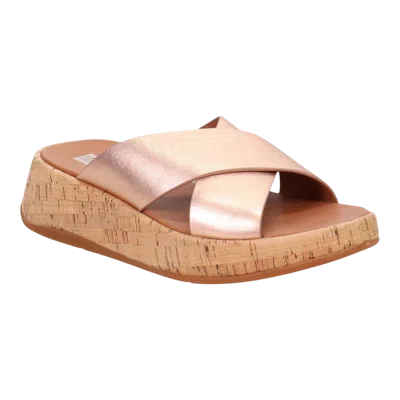 Fitflop F Mode Cross Cork Flatform Sandal In Rose/gold Leather Women In Brown