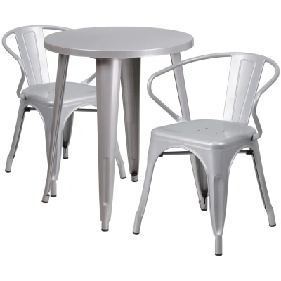 Flash Furniture 24'' Round Silver Metal Indoor-outdoor Table Set With 2 Arm Chairs In Gray
