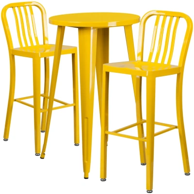 Flash Furniture 24'' Round Yellow Metal Indoor-outdoor Bar Table Set With 2 Vertical Slat Back Stools