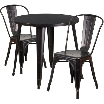 Flash Furniture 30'' Round Black-antique Gold Metal Indoor-outdoor Table Set With 2 Cafe Chairs