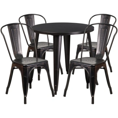 Flash Furniture 30'' Round Black-antique Gold Metal Indoor-outdoor Table Set With 4 Cafe Chairs