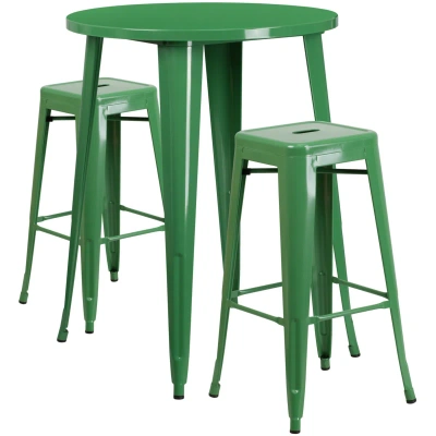 Flash Furniture 30'' Round Green Metal Indoor-outdoor Bar Table Set With 2 Square Seat Backless Stools