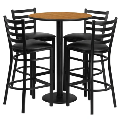 Flash Furniture 30'' Round Natural Laminate Table Set With 4 Ladder Back Metal Barstools In Black