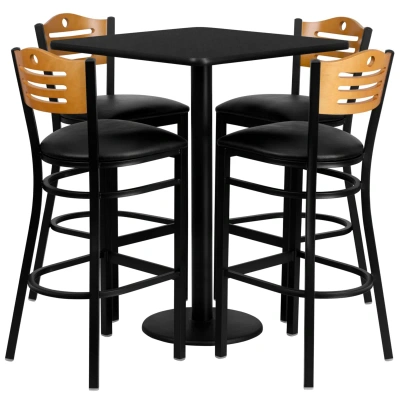 Flash Furniture 30'' Square Black Laminate Table Set With 4 Wood Slat Back Metal Barstools