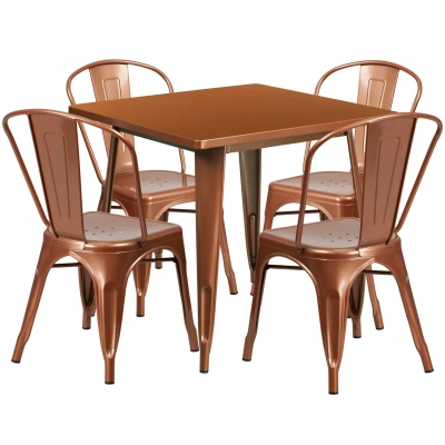 Flash Furniture 31.5'' Square Copper Metal Indoor-outdoor Table Set With 4 Stack Chairs In Brown