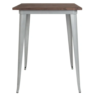 Flash Furniture 31.5" Square Silver Metal Indoor Bar Height Table With Walnut Rustic Wood Top In Gray