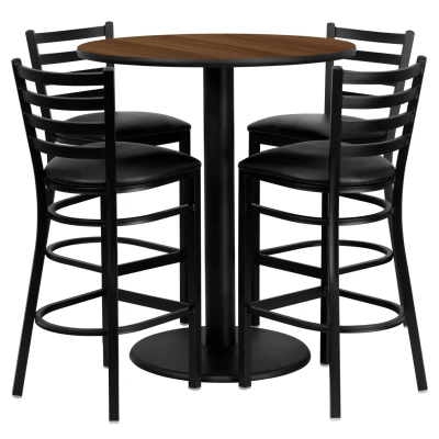 Flash Furniture 36'' Round Walnut Laminate Table Set With 4 Ladder Back Metal Barstools In Black