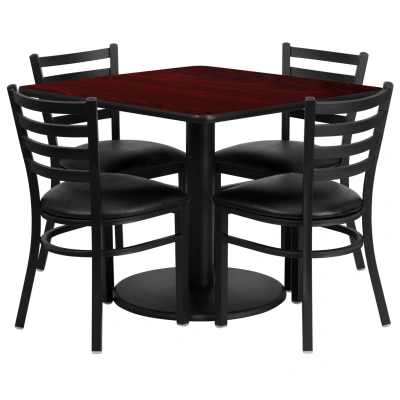 Flash Furniture 36'' Square Mahogany Laminate Table Set With 4 Ladder Back Metal Chairs In Black