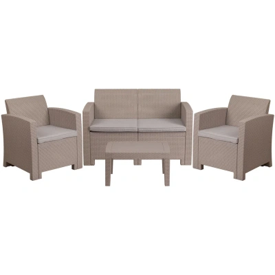 Flash Furniture 4 Piece Outdoor Faux Rattan Chair, Loveseat And Table Set In Light Gray In Beige