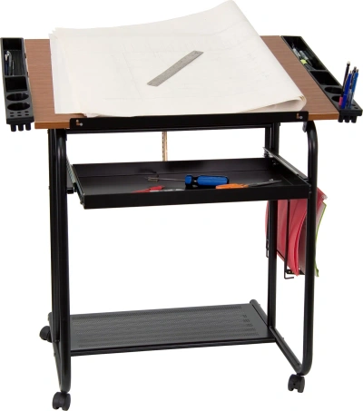 Flash Furniture Adjustable Drawing And Drafting Table With Black Frame And Dual Wheel Casters In Red