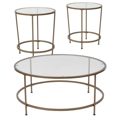 Flash Furniture Astoria Collection 3 Piece Coffee And End Table Set With Glass Tops And Matte Gold Frames