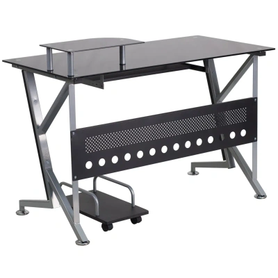 Flash Furniture Black Glass Computer Desk With Pull-out Keyboard Tray And Cpu Cart