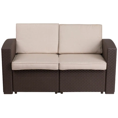 Flash Furniture Chocolate Brown Faux Rattan Loveseat With All-weather Beige Cushions