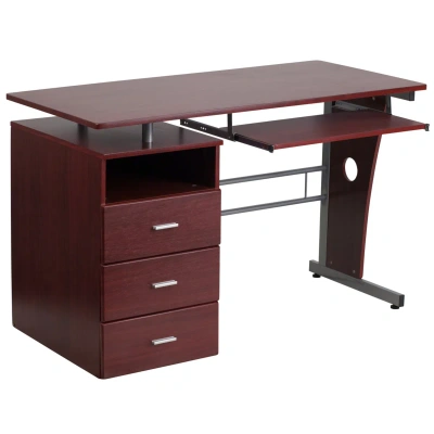 Flash Furniture Mahogany Desk With Three Drawer Pedestal And Pull-out Keyboard Tray In Brown